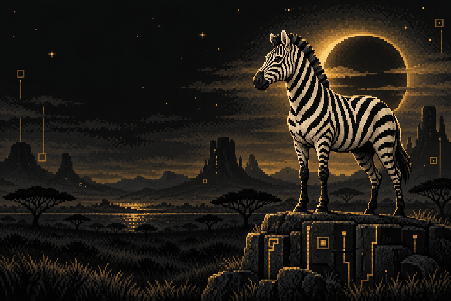 Pixel-art zebra beneath a golden eclipse in a midnight savanna
